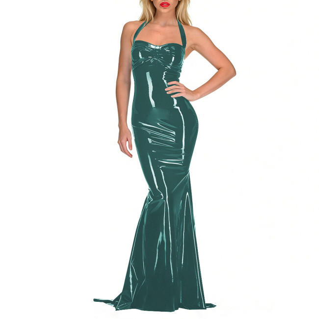 High Stretch Smooth PVC Leather Long Dress Sexy Halter Backless Wet Look Sleeveless Bodycon Dress for Nightout Club Party Show