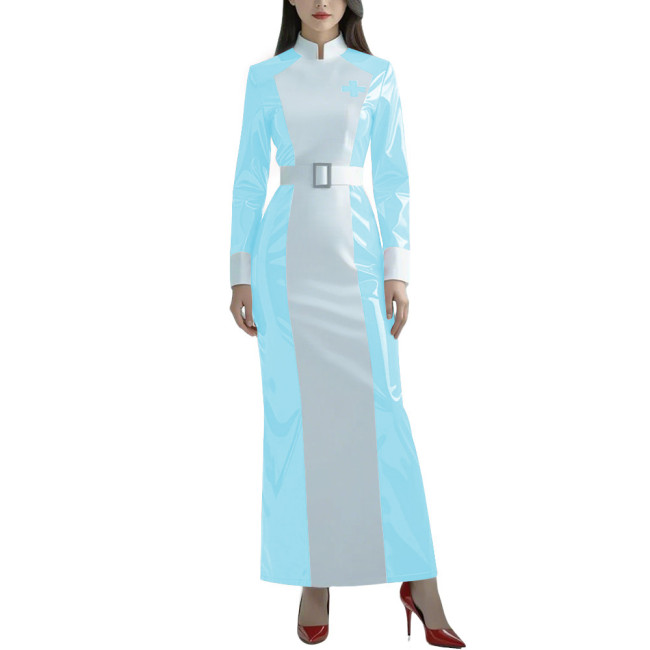 Halloween Glossy PVC Leather Nurse Uniform Womens Long Sleeve Doctor Nurse Long Dress Patchwork Role Play Party Belted Dresses