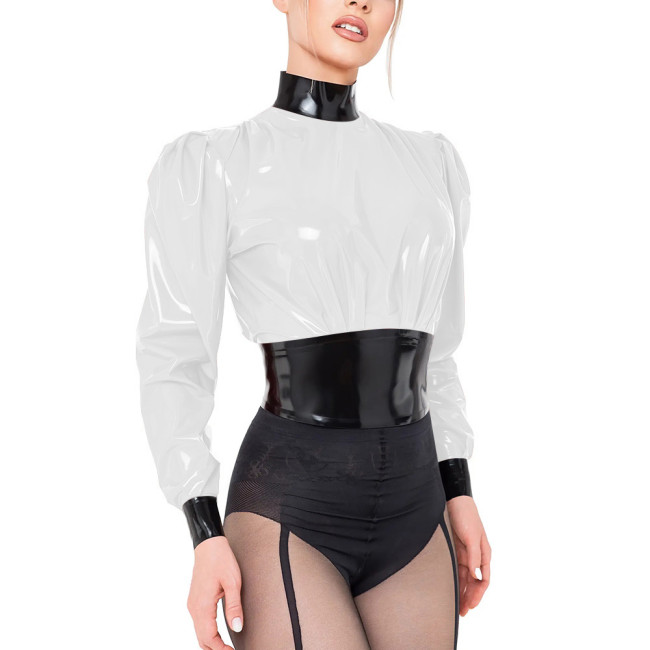 Glossy Black Contrast PVC Crop Top Wet Look Long Sleeve Turtleneck Blouse Turtleneck Fetish Mistress Zipper Back Slim T-shirts