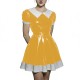 Womens Short Puff Sleeve A-Line Flared Dress PVC Shiny Leather Contrast Collar Pleated Mini Dress for Party Lolita Maid Outfit