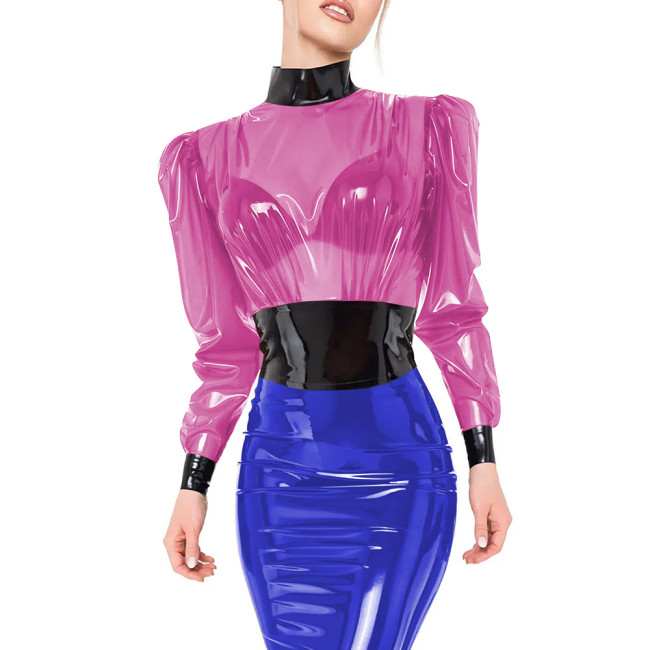Nightclub Clear Plastic Puff Sleeve Crop Top for Womens High Neck Transparent PVC Female Blouses with Black Trim Sissy Clubwear