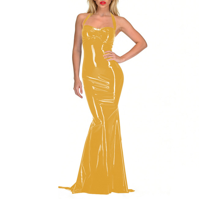 High Stretch Smooth PVC Leather Long Dress Sexy Halter Backless Wet Look Sleeveless Bodycon Dress for Nightout Club Party Show