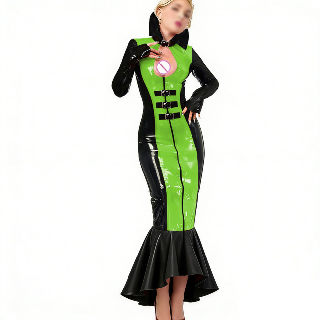 Party Patchwork Long Mermaid Dress for Womens Stand Collar Buckle Hollow Wet PVC Leather Gown with Ruffled Hem Fetish Clubwear
