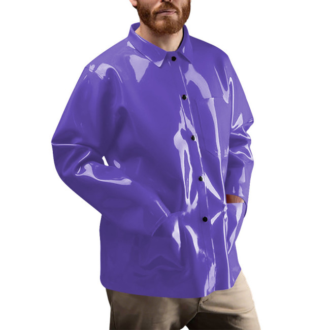 Men's Club Shiny PVC Button-Down Shirt Glossy Faux Leather Long Sleeve Jacket with Pocket Casual Streetwear Fashion Shirt Tops