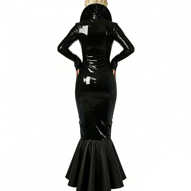 Party Patchwork Long Mermaid Dress for Womens Stand Collar Buckle Hollow Wet PVC Leather Gown with Ruffled Hem Fetish Clubwear