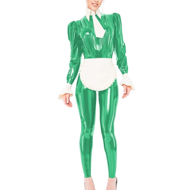 Puff Long Sleeve Wet Look PVC Jumpsuit with Apron & Tie Sissy Cosplay French Maid Bodysuit Outfits Halloween Role Play Costume