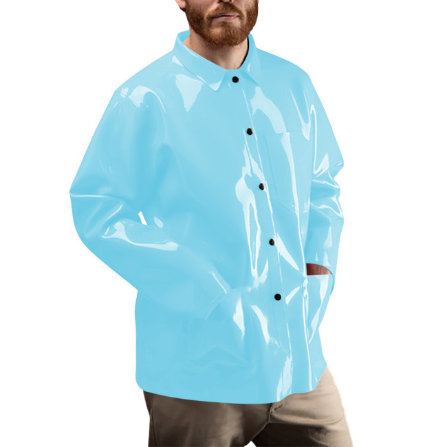 Men's Club Shiny PVC Button-Down Shirt Glossy Faux Leather Long Sleeve Jacket with Pocket Casual Streetwear Fashion Shirt Tops