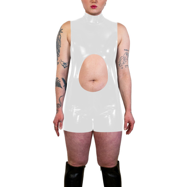 Sexy Hollow Backless Club High Neck Shorts Jumpsuit Women PVC Shiny One Piece Bodysuit Party Cosplay Outfit Sleeveless Rompers