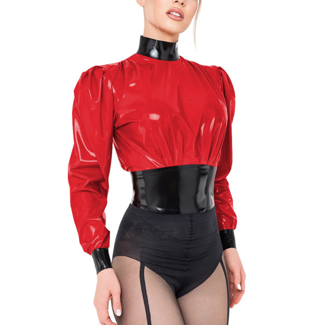 Glossy Black Contrast PVC Crop Top Wet Look Long Sleeve Turtleneck Blouse Turtleneck Fetish Mistress Zipper Back Slim T-shirts
