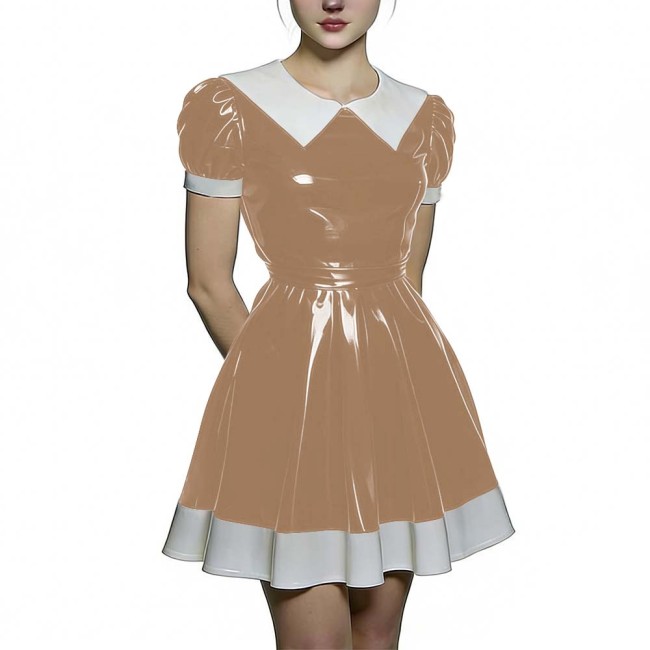 Womens Short Puff Sleeve A-Line Flared Dress PVC Shiny Leather Contrast Collar Pleated Mini Dress for Party Lolita Maid Outfit