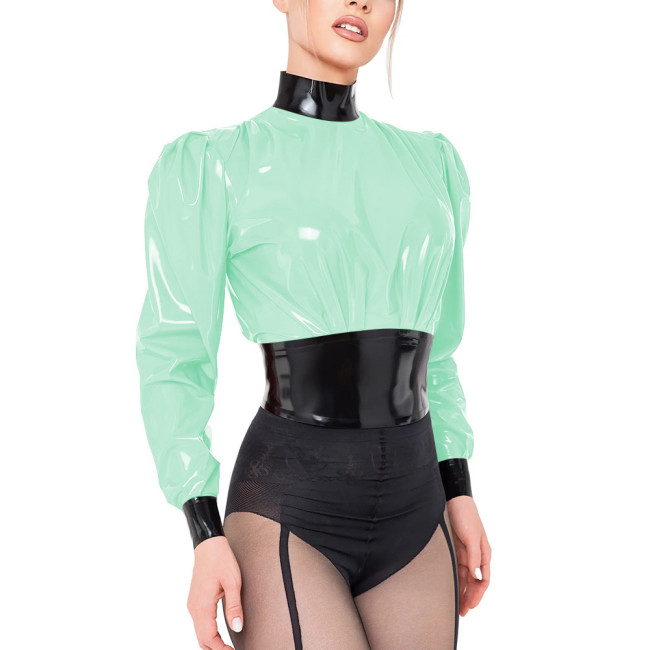 Glossy Black Contrast PVC Crop Top Wet Look Long Sleeve Turtleneck Blouse Turtleneck Fetish Mistress Zipper Back Slim T-shirts