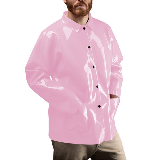 Men's Club Shiny PVC Button-Down Shirt Glossy Faux Leather Long Sleeve Jacket with Pocket Casual Streetwear Fashion Shirt Tops