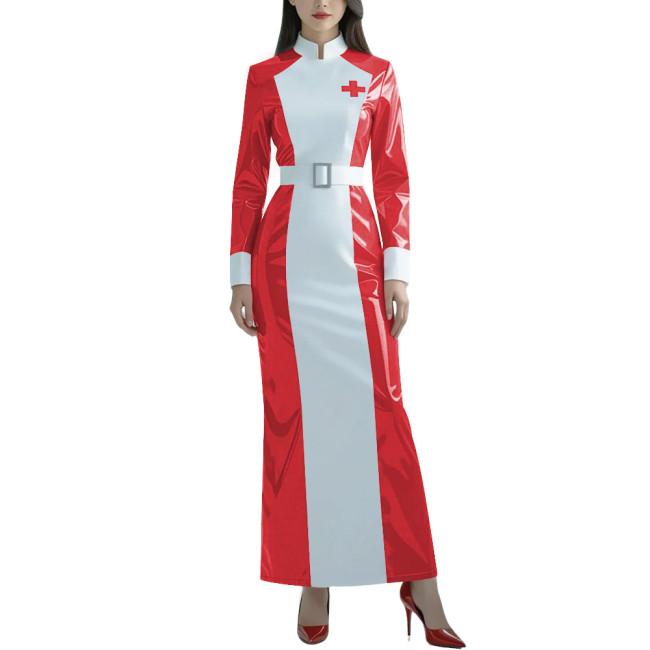 Halloween Glossy PVC Leather Nurse Uniform Womens Long Sleeve Doctor Nurse Long Dress Patchwork Role Play Party Belted Dresses