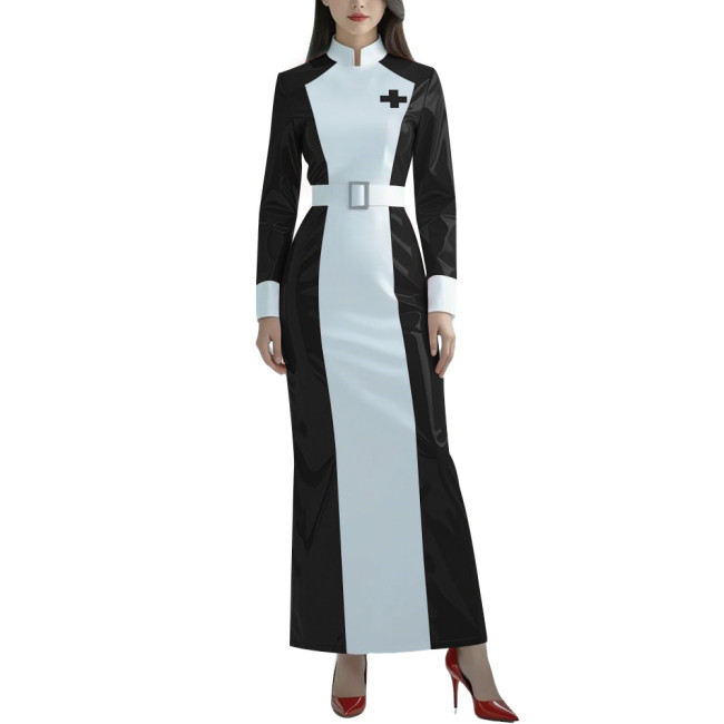 Halloween Glossy PVC Leather Nurse Uniform Womens Long Sleeve Doctor Nurse Long Dress Patchwork Role Play Party Belted Dresses