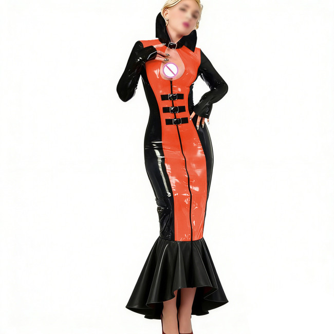 Party Patchwork Long Mermaid Dress for Womens Stand Collar Buckle Hollow Wet PVC Leather Gown with Ruffled Hem Fetish Clubwear