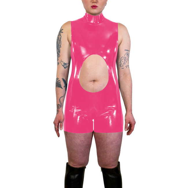 Sexy Hollow Backless Club High Neck Shorts Jumpsuit Women PVC Shiny One Piece Bodysuit Party Cosplay Outfit Sleeveless Rompers