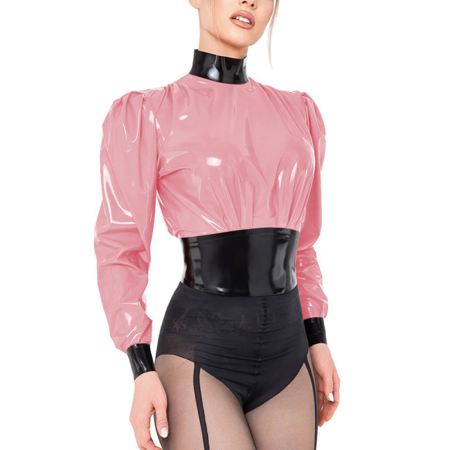 Glossy Black Contrast PVC Crop Top Wet Look Long Sleeve Turtleneck Blouse Turtleneck Fetish Mistress Zipper Back Slim T-shirts