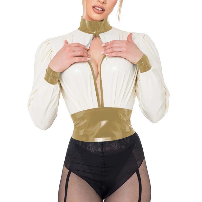 Womens White PVC Leather Long Sleeve Crop Top Sexy Hollow Front Wetlook Short T-shirts Sissy Patchwork Slim Fit Blouse Partywear