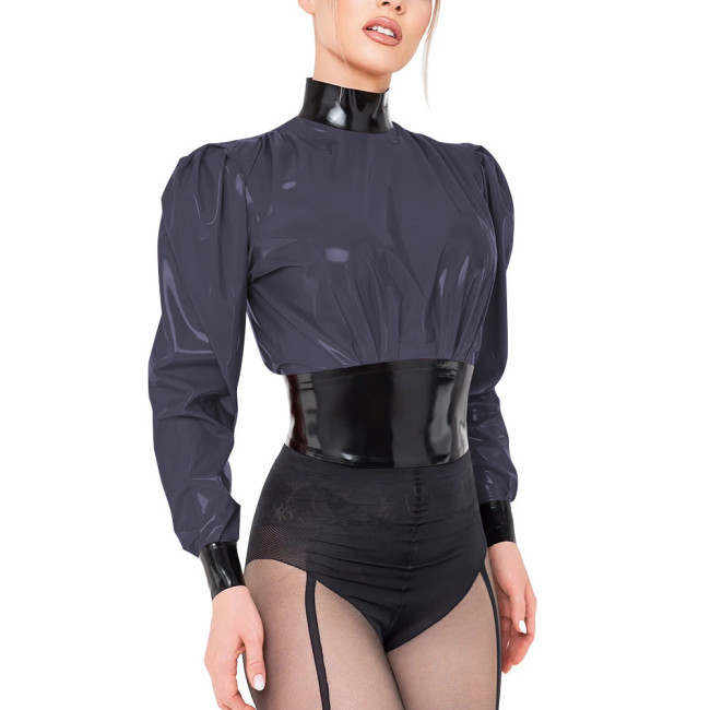 Glossy Black Contrast PVC Crop Top Wet Look Long Sleeve Turtleneck Blouse Turtleneck Fetish Mistress Zipper Back Slim T-shirts