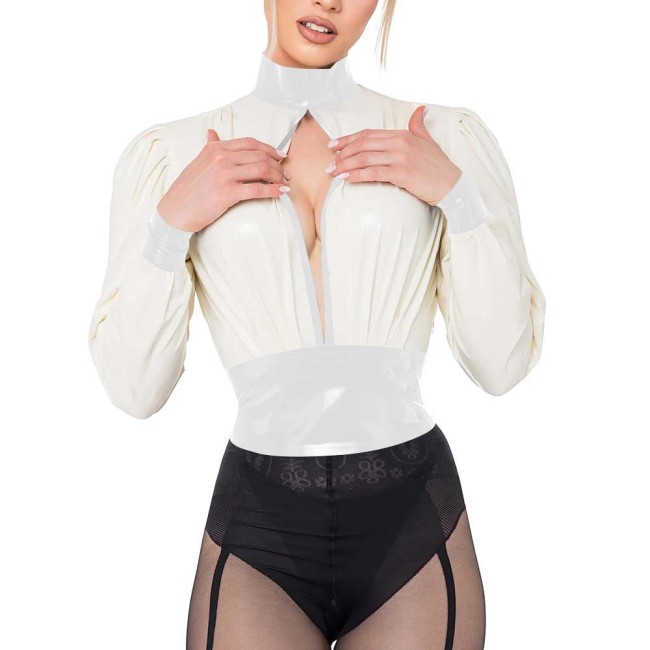 Womens White PVC Leather Long Sleeve Crop Top Sexy Hollow Front Wetlook Short T-shirts Sissy Patchwork Slim Fit Blouse Partywear