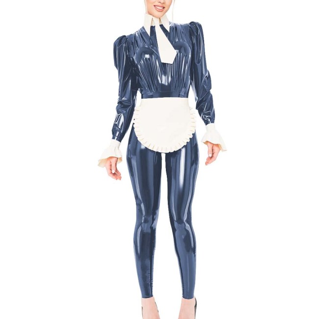 Puff Long Sleeve Wet Look PVC Jumpsuit with Apron & Tie Sissy Cosplay French Maid Bodysuit Outfits Halloween Role Play Costume