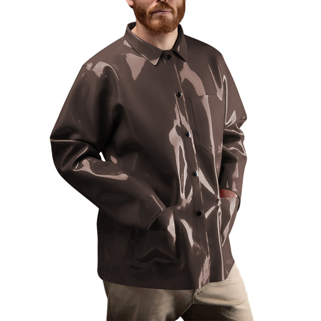 Men's Club Shiny PVC Button-Down Shirt Glossy Faux Leather Long Sleeve Jacket with Pocket Casual Streetwear Fashion Shirt Tops