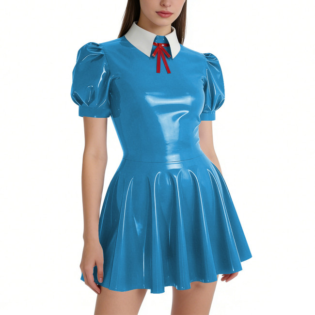 Puff Short Sleeve Wet Look PVC Mini Dress with White Collar Womens Vinyl Faux Leather A-Line Flared Dress Lolita Cosplay Costume