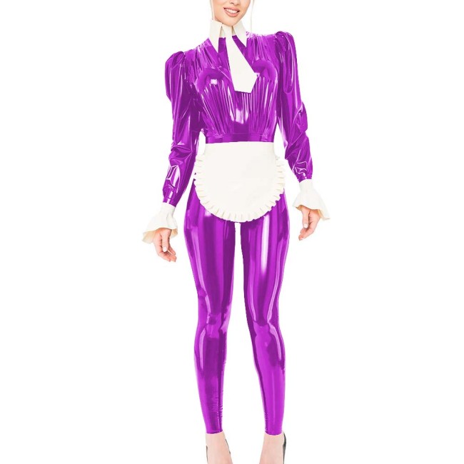 Puff Long Sleeve Wet Look PVC Jumpsuit with Apron & Tie Sissy Cosplay French Maid Bodysuit Outfits Halloween Role Play Costume