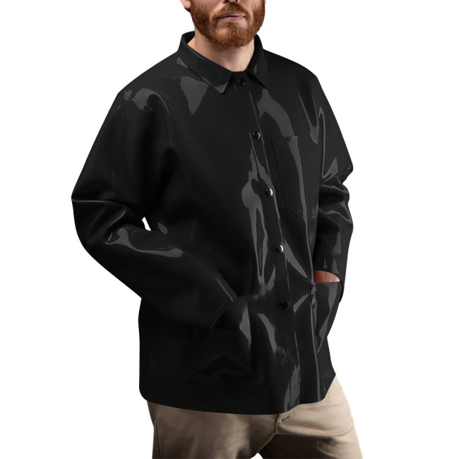 Men's Club Shiny PVC Button-Down Shirt Glossy Faux Leather Long Sleeve Jacket with Pocket Casual Streetwear Fashion Shirt Tops