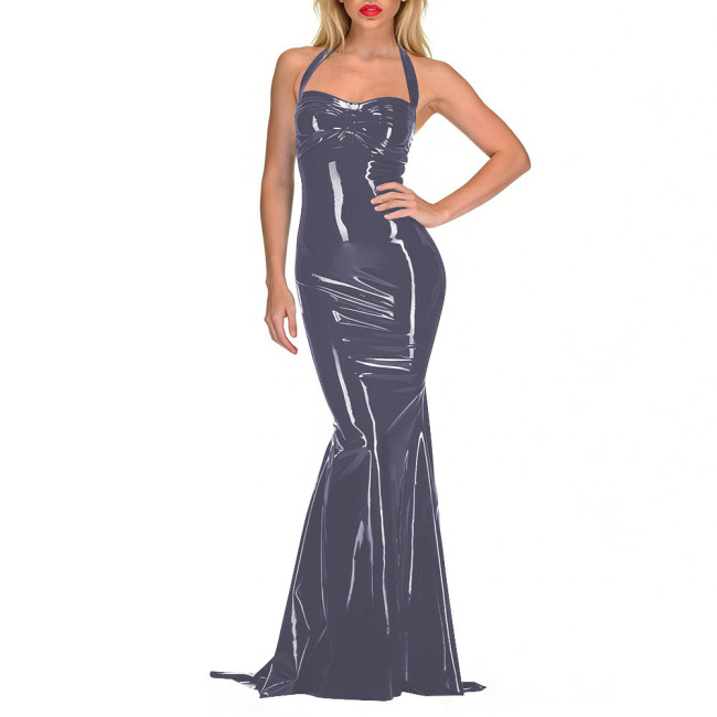 High Stretch Smooth PVC Leather Long Dress Sexy Halter Backless Wet Look Sleeveless Bodycon Dress for Nightout Club Party Show
