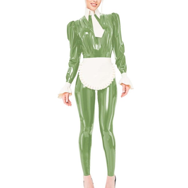 Puff Long Sleeve Wet Look PVC Jumpsuit with Apron & Tie Sissy Cosplay French Maid Bodysuit Outfits Halloween Role Play Costume