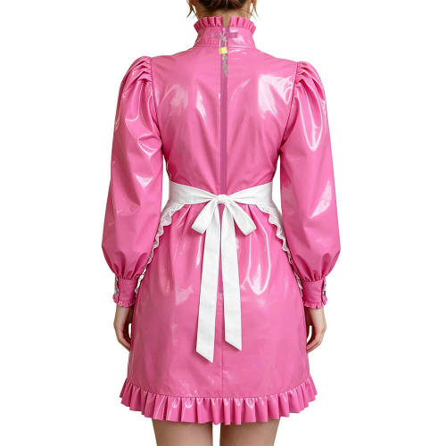 Wetlook PVC Leather Lockable French Maid Dress Outfits High Neck Long Sleeve Ruffle Trim Mini Dress with Apron Role Play Costume