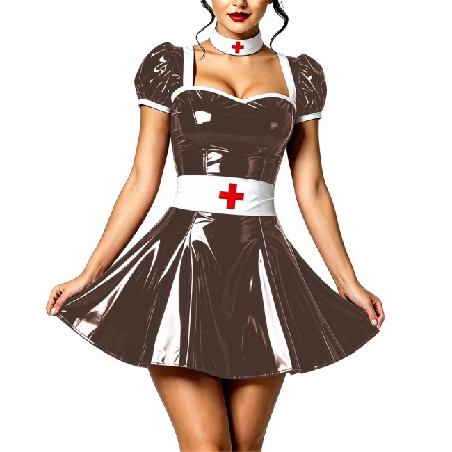 Naughty Sexy Wetlook Roleplay Nurse Dress Vinyl PVC Leather Nightclub A-line Dress with Choker Belt Party Cosplay Doctor Costume