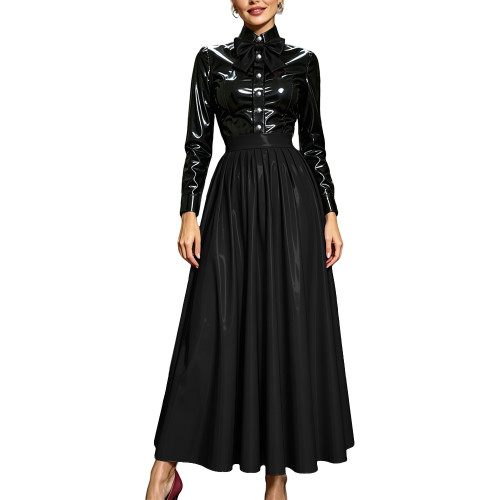 Vinyl PVC Leather Two-Piece Suit Elegant Evening Outfit Long Sleeve Bow Shirt Top and Pleated Long Skirt Halloween Party Costume