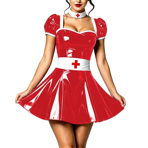 Naughty Sexy Wetlook Roleplay Nurse Dress Vinyl PVC Leather Nightclub A-line Dress with Choker Belt Party Cosplay Doctor Costume