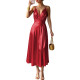 Sexy Women Spaghetti Strap Midi A-Line Dress Shiny Metallic Party V-Neck Summer Party Dress Club Solid Color Swinging Prom Gown