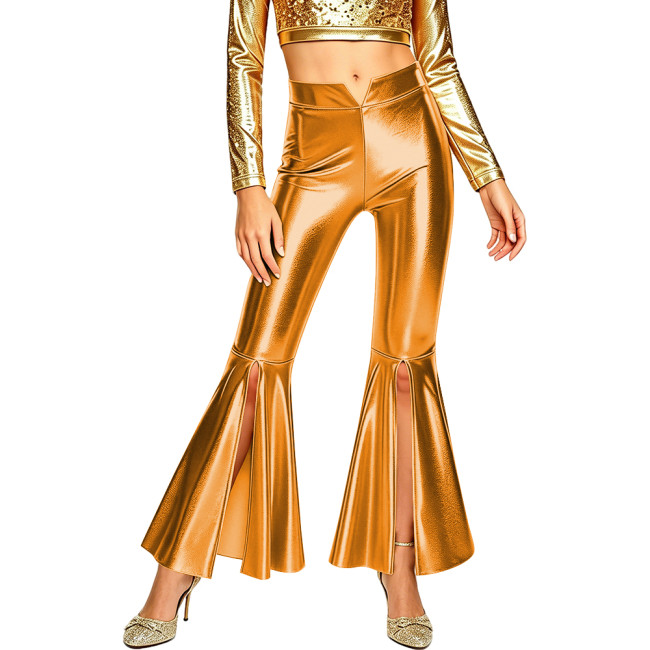 Plus Size Vintage Metallic Shiny Flared Pants Rave Party Dance Trousers Womens High Waist Split Bell Bottoms Long Pants Clubwear