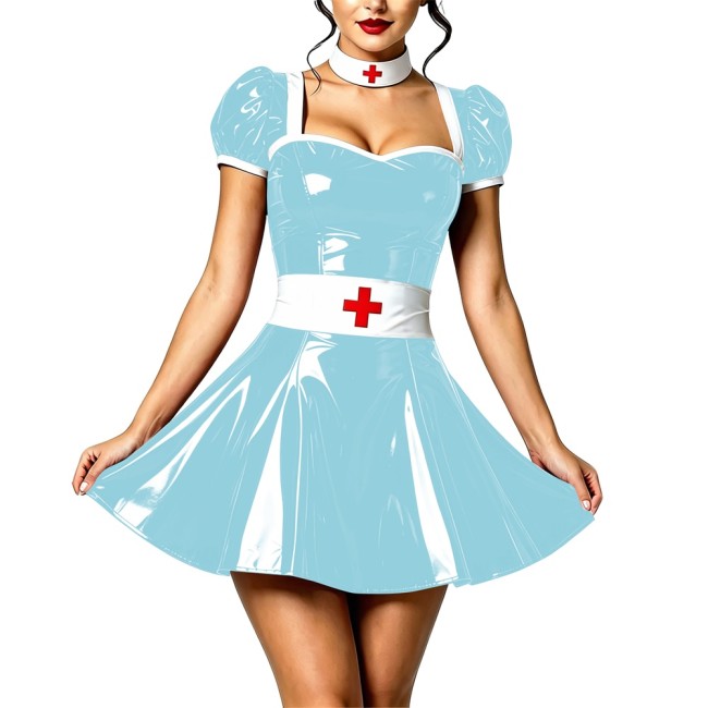Naughty Sexy Wetlook Roleplay Nurse Dress Vinyl PVC Leather Nightclub A-line Dress with Choker Belt Party Cosplay Doctor Costume