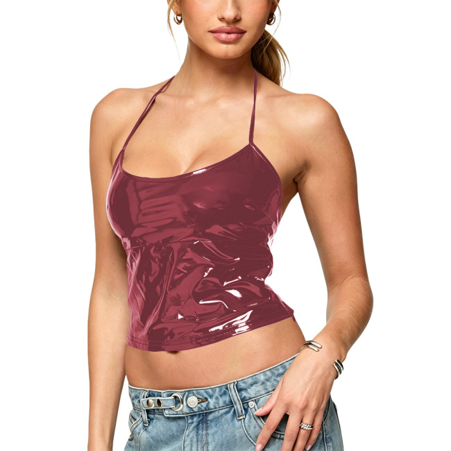 New Women's Solid Color Sleeveless Crop Tops Street Fashion Hanging Neck Backless Vest for Women PVC Vinyl Leather Sling Tops
