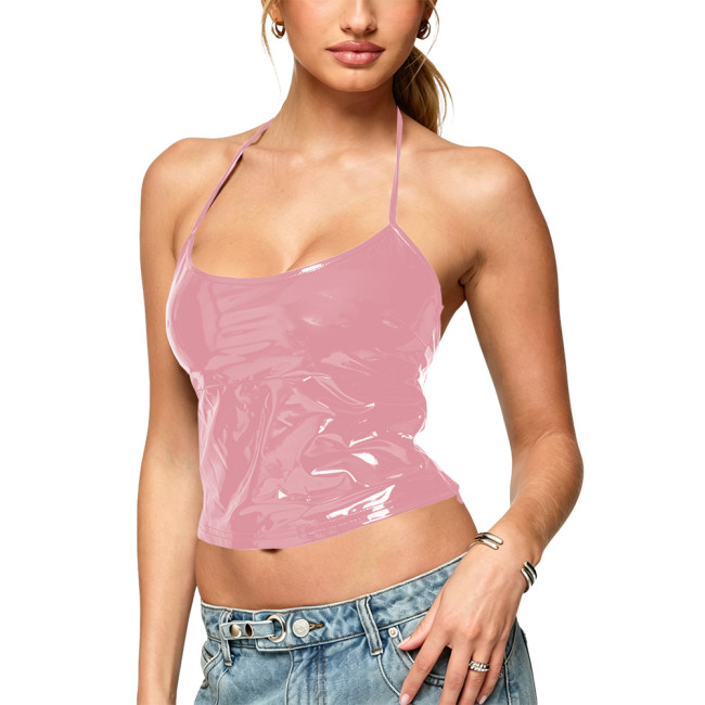 New Women's Solid Color Sleeveless Crop Tops Street Fashion Hanging Neck Backless Vest for Women PVC Vinyl Leather Sling Tops