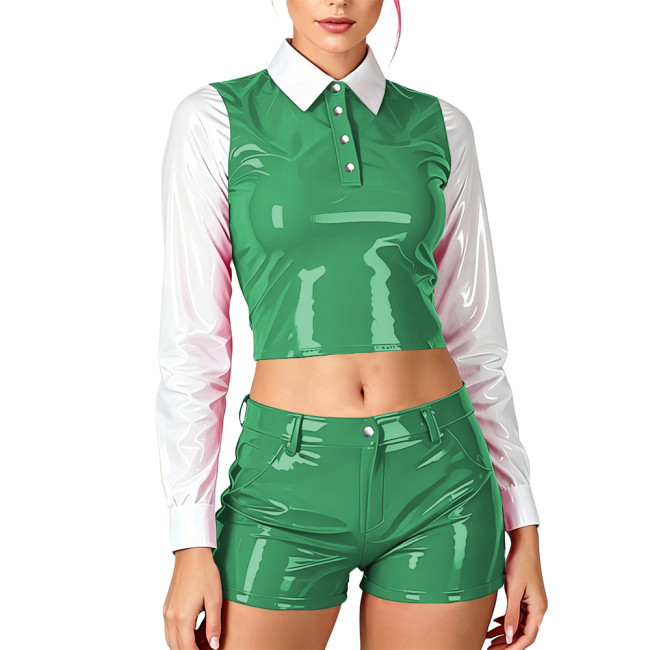 Fashion Womens Two-piece Set Cosplay Outfit Wet PVC Leather Long Sleeve Blouse Mini Hot Pant Sets for Halloween Party Daily Wear