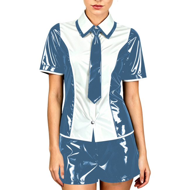 Anime Office Ladies Shorts Sets Wetlook Cosplay Costume Patchwork Shirt Top Shorts with Bowtie School Uniform for Theme Party