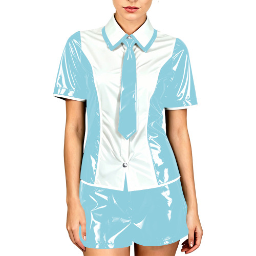 Anime Office Ladies Shorts Sets Wetlook Cosplay Costume Patchwork Shirt Top Shorts with Bowtie School Uniform for Theme Party