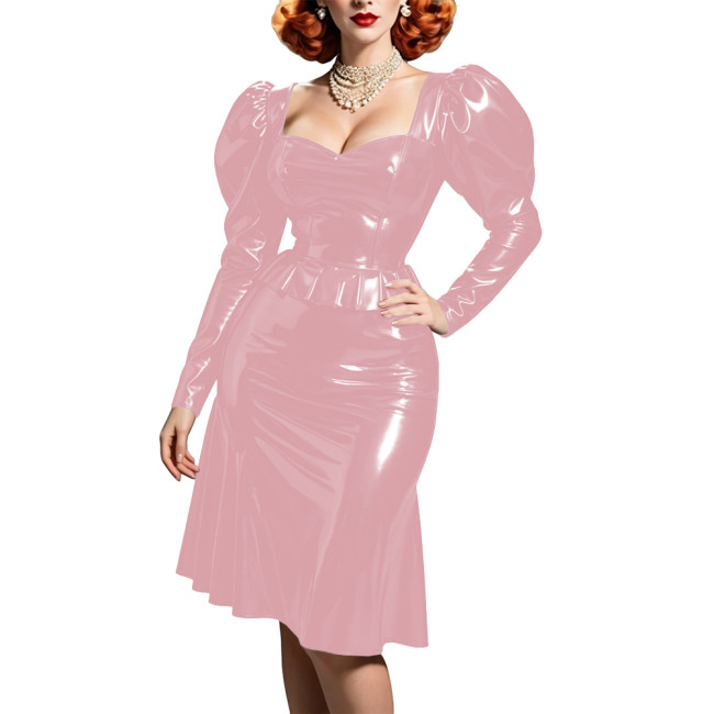 Glossy Patent Leather Evening Party Dress Women Puff Sleeve Flared Knee-length Dress Stretch PVC Club Prom Gowns Cosplay Costume