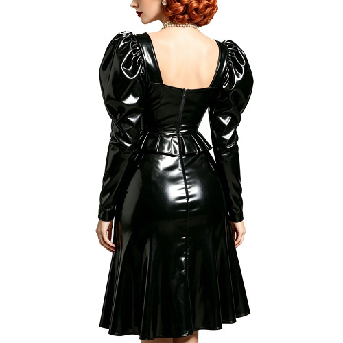 Glossy Patent Leather Evening Party Dress Women Puff Sleeve Flared Knee-length Dress Stretch PVC Club Prom Gowns Cosplay Costume