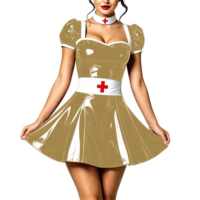 Naughty Sexy Wetlook Roleplay Nurse Dress Vinyl PVC Leather Nightclub A-line Dress with Choker Belt Party Cosplay Doctor Costume