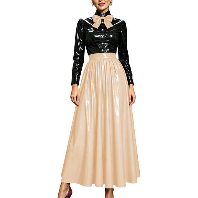 Vinyl PVC Leather Two-Piece Suit Elegant Evening Outfit Long Sleeve Bow Shirt Top and Pleated Long Skirt Halloween Party Costume