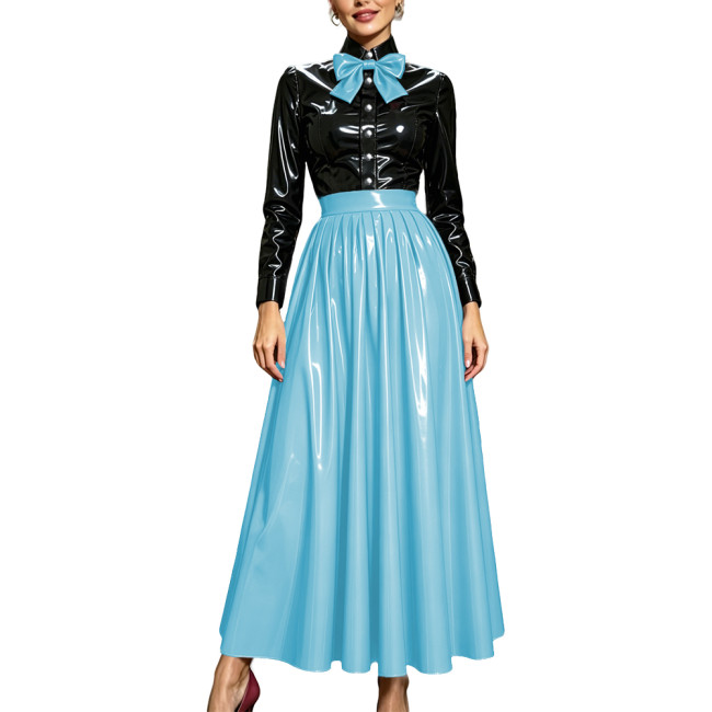 Vinyl PVC Leather Two-Piece Suit Elegant Evening Outfit Long Sleeve Bow Shirt Top and Pleated Long Skirt Halloween Party Costume