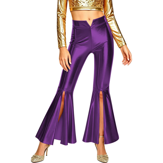 Plus Size Vintage Metallic Shiny Flared Pants Rave Party Dance Trousers Womens High Waist Split Bell Bottoms Long Pants Clubwear