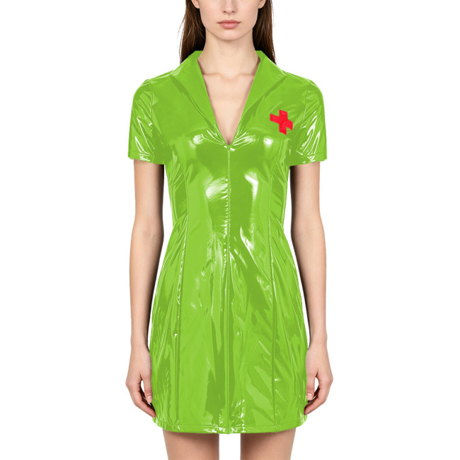 PVC Vinyl Leather Mini Nurse Dress Wetlook Party Seductive Roleplay Outfit Vintage Nurse Short Sleeve Zipper Front Dress Cosplay